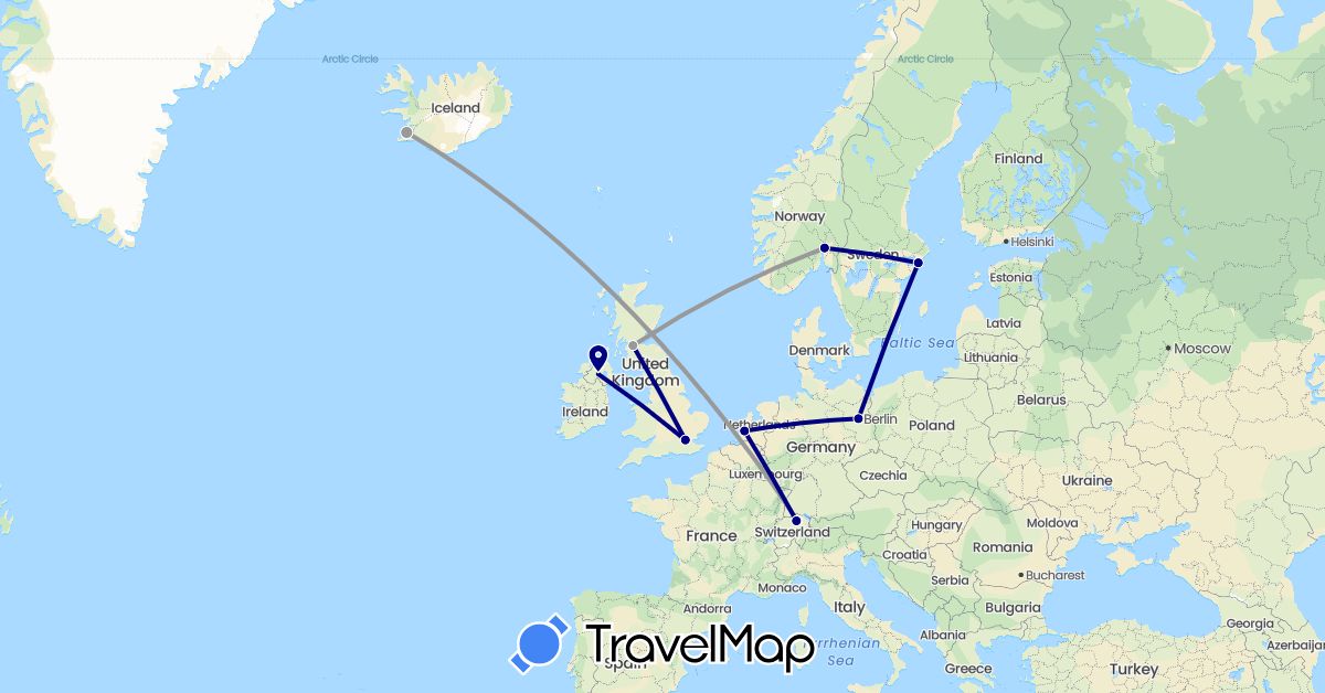 TravelMap itinerary: driving, plane in Switzerland, Germany, United Kingdom, Iceland, Netherlands, Norway, Sweden (Europe)